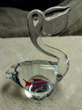 Hand Blown Art Glass Pelican With Fish in Belly Sculpture Figurine 6 Inches